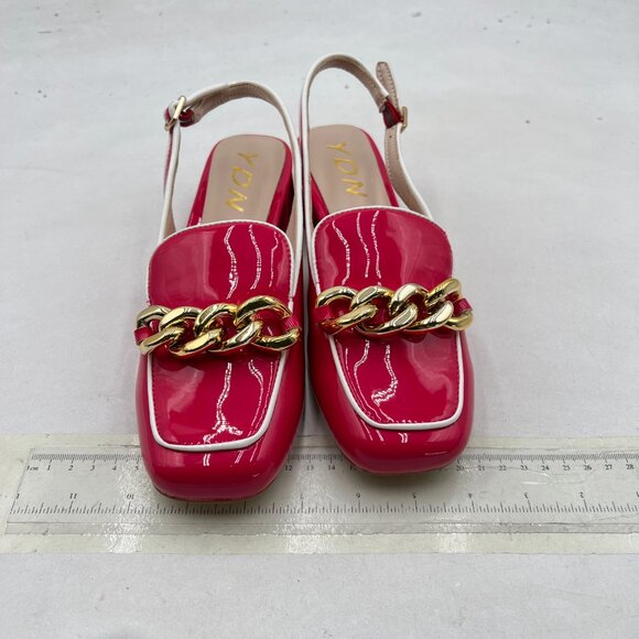 YDN Chain Deep Pink Square Toe Block Low Heels Slingback Formal Loafer Pump - Picture 3 of 8